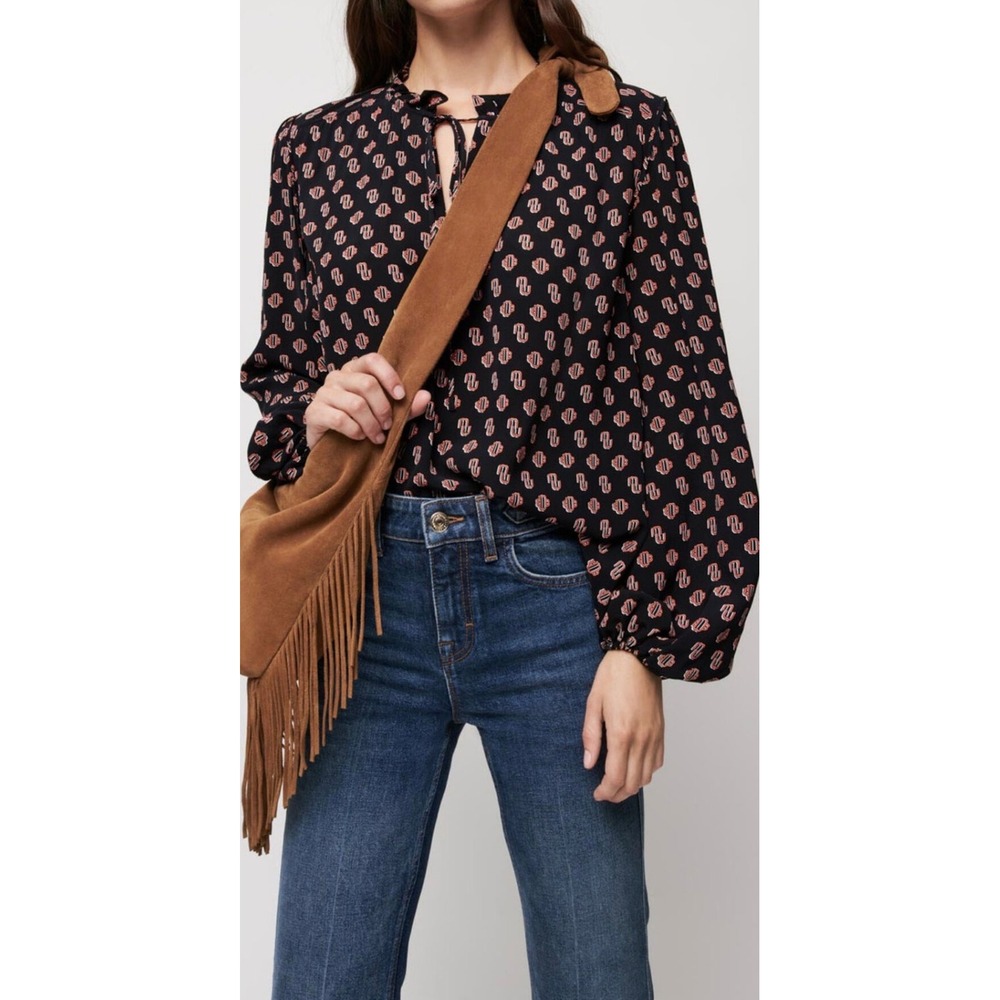 Maje Printed Muslin Top Size 1 S Monogram Blouse Black M Print Ruffle V-Neck Tie